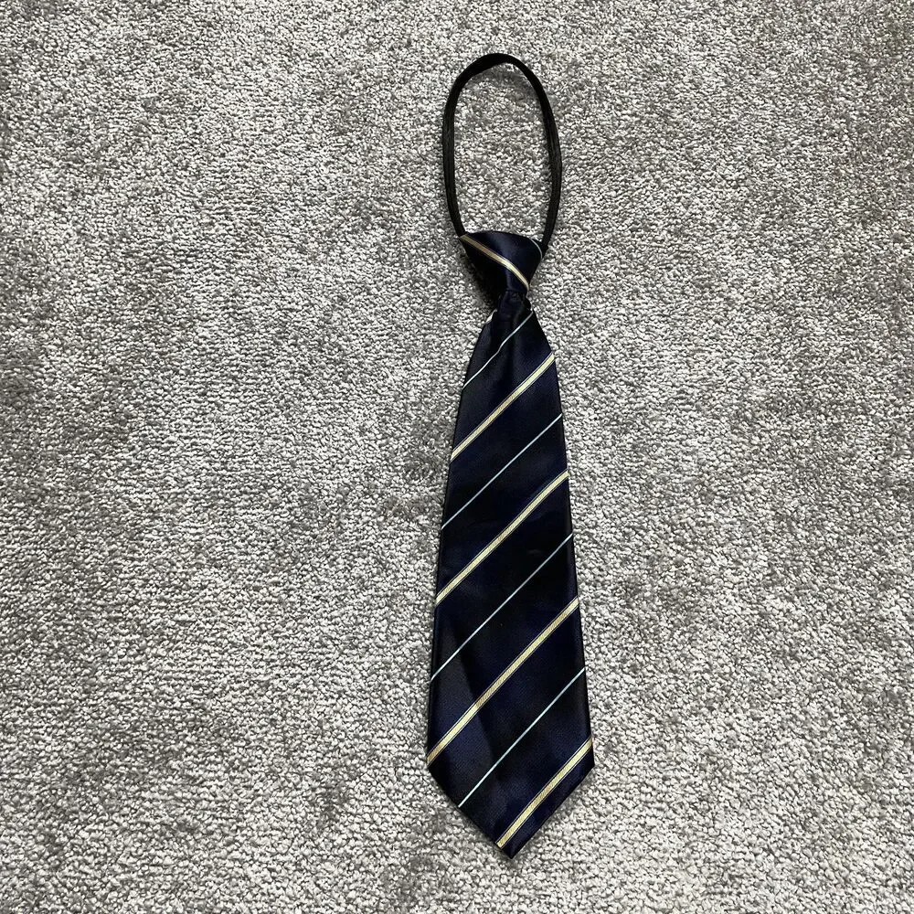 Unbranded Boys Zip Up Neck Tie Blue Shiny Yellow Angled Stripe Youth Formal